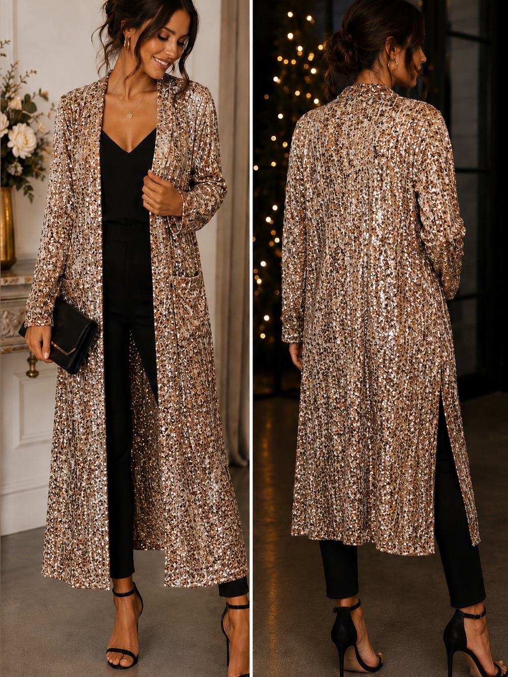 BB Dakota Rose Gold Sequin Duster Cardigan Jacket Glam Open Front Size Large